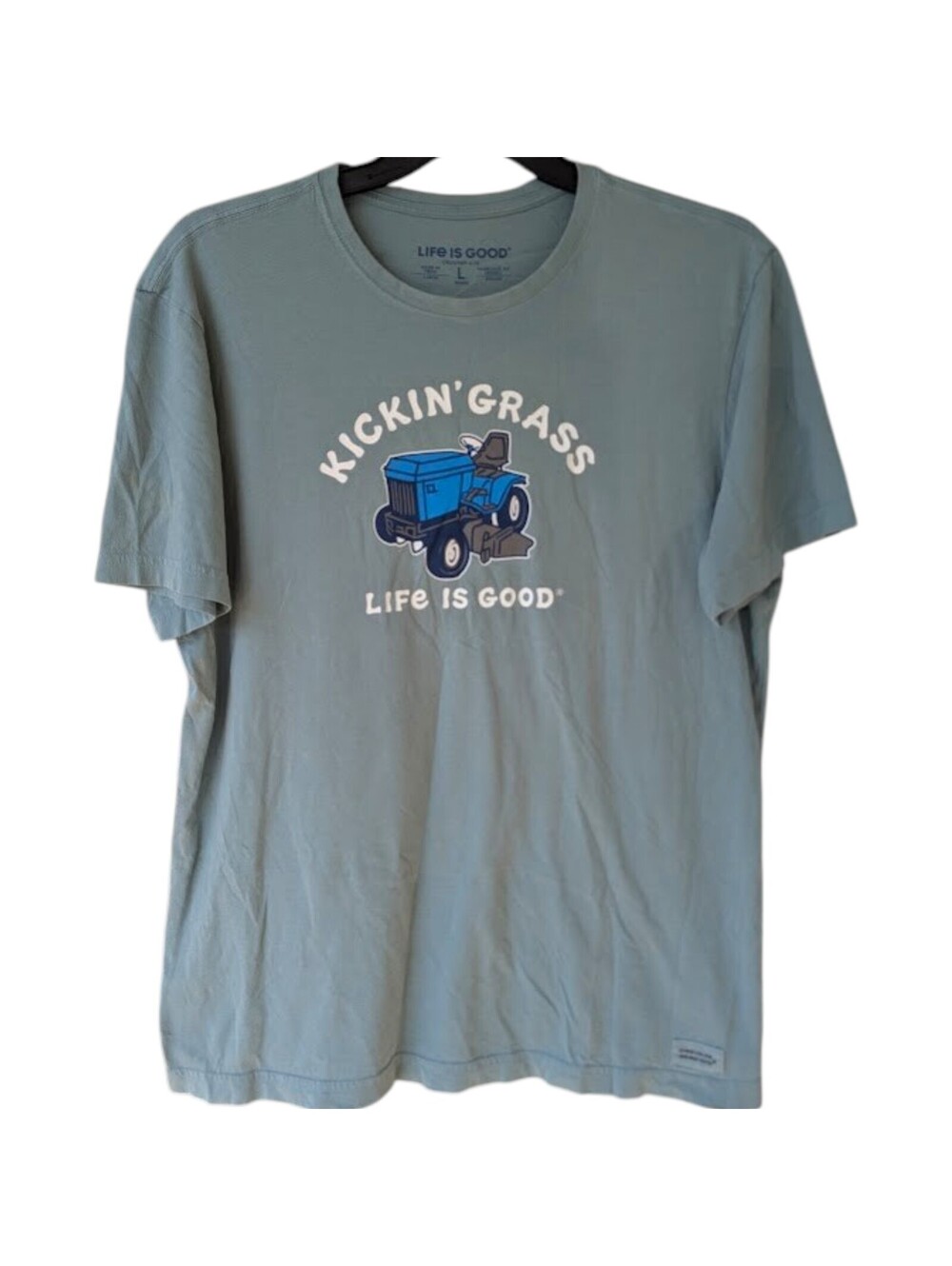 Life is Good Crusher-Lite Shirt Large Blue Tractor Kickin Grass Graphic Tee Farm